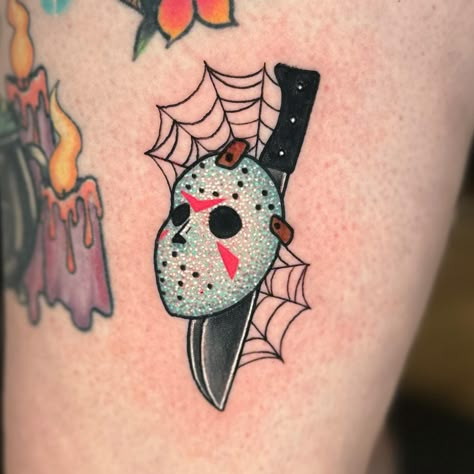 Horror Movie Back Tattoo, Horror Movies Tattoos Ideas, Halloween Tattoos Sleeve Horror Movies, Jason Horror Tattoo, Freddy Krueger Hand Tattoo, Halloween Movie Tattoos, Horror Movie Tattoos For Women, Simple Horror Tattoo, House Of 1000 Corpses Tattoo