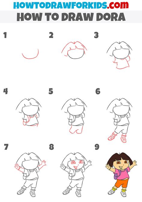 how to draw dora step by step Animation Drawing Sketches Easy, Dora Cartoon Drawing, Dora Bujji Drawing, Dora Drawing Easy, Disney Character Drawings Step By Step, How To Draw Cartoons Step By Step, Comic Strip Ideas, Dora Drawing, Easy Steps To Draw