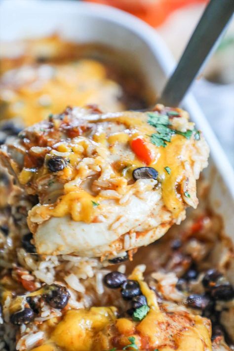 Mexican Chicken and Rice Bake · Easy Family Recipes Pioneer Woman Mexican Chicken And Rice, Chicken Burrito Bake Casserole, Easy Mexican Rice Casserole, Oven Baked Mexican Rice, Chicken Rice Tacos, Dinner Ideas With Rice Main Dishes, Crockpot Mexican Chicken And Rice, Chicken Fajita Rice Bake, Cheap Meals With Rice