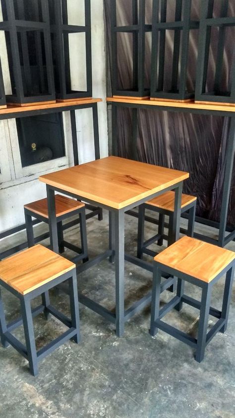 Meja Industrial, Kursi Outdoor, Furniture Design Table, Iron Furniture Design, Steel Furniture Design, Outdoor Restaurant Design, Kursi Cafe, Kursi Bar, Wood Table Design