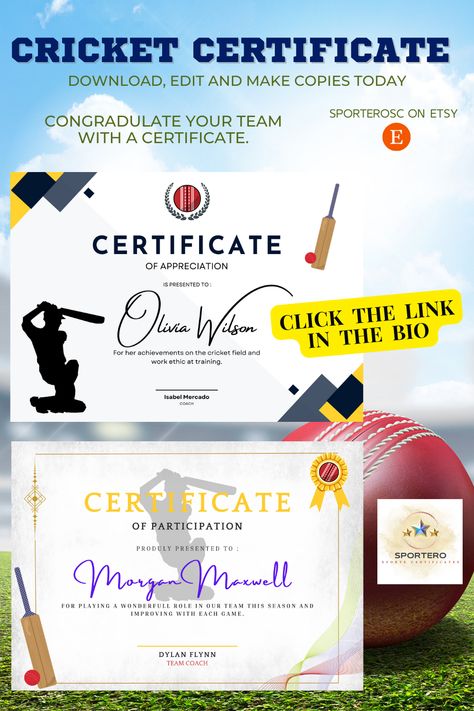 Cricket certificates are the best way to congratulate your team on a fantastic season. try clicking the link and see for yourself these digital, editable cricket certificates. make as many copies as you need. Easy to read and follow instructions are all included. Sports Certificate Design, Certificate Designs, Sports Certificate, Sports Ideas, Cricket (sports), Editable Certificates, Certificate Design Template, Certificate Of Appreciation, Printable Certificates