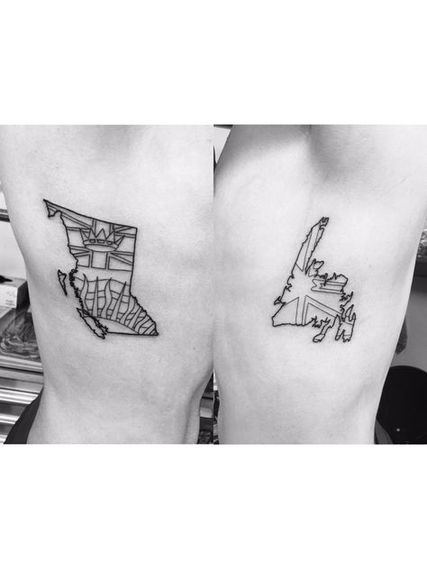 My two rib pieces....left rib is the British Columbia provincial map with the flag inside and on the right rib is Newfoundland...."coast-to-coast". British Columbia Tattoo Ideas, Newfoundland Tattoo Ideas, British Columbia Tattoo, Newfoundland Tattoo, Columbia Tattoo, British Columbia Flag, Columbia Flag, Canadian Tattoo, Flag Tattoo