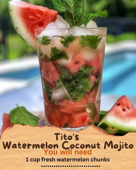 Flavor Tasty Recipes | 🍉Tito's Watermelon Coconut Mojito🥥 | Facebook Classic Mojito, Coconut Mojito, Mojito Recipe, Fresh Watermelon, Adult Beverages, Adult Drinks, Tasty Recipes, Mojito, Melon