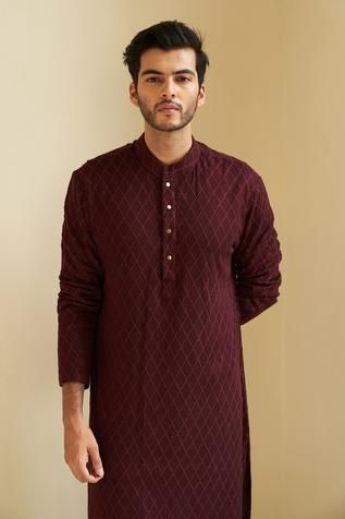 Shop for Contrast By Parth Maroon Chikankari Embroidered Kurta Set for Men Online at Aza Fashions Red Chikankari Kurta, Red Kurta Set, Kurta Designs Men's, Wedding Kurta For Men, Kurta Pajama Men, Wedding Dresses Men Indian, Gents Kurta Design, Red Kurta, Gents Kurta