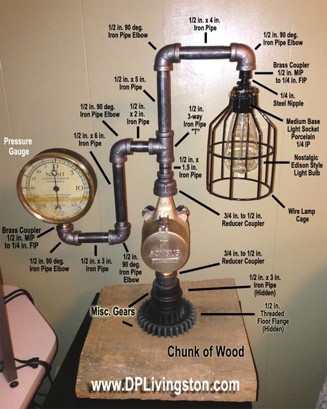 Steampunk Lamp Diagram Steampunk Lamp Diy, Industrial Lighting Diy, Lighting Diy Ideas, Steampunk Lights, Pipe Lights, Lampe Steampunk, Industrial Pipe Lamp, Lamps Diy, Pipe Lamps