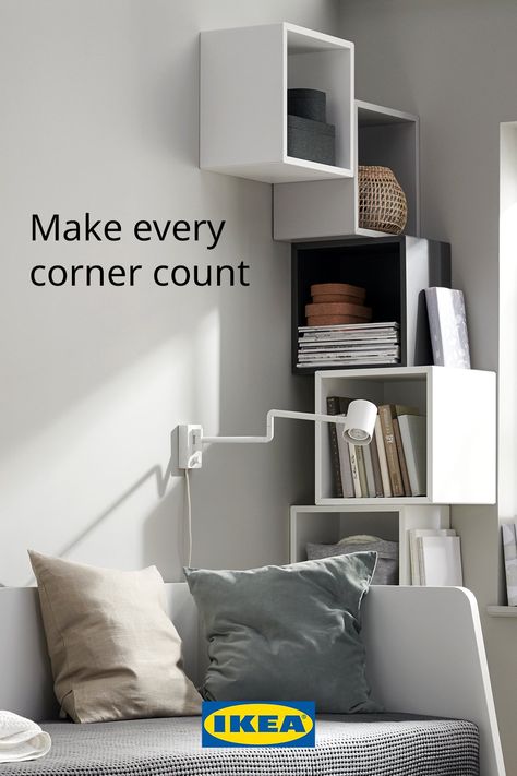 Make your corners stand out in your small apartment living room with this inspo for unique living room wall décor. Small Apartment Corner Ideas, Ikea Corner Storage Hack, Eket Corner Wall, Eket Corner Wall Ideas, Ikea Room Decor Ideas, Ikea Eket Corner, Eket Wall Ideas, Ikea Eket Living Room, Eket Corner