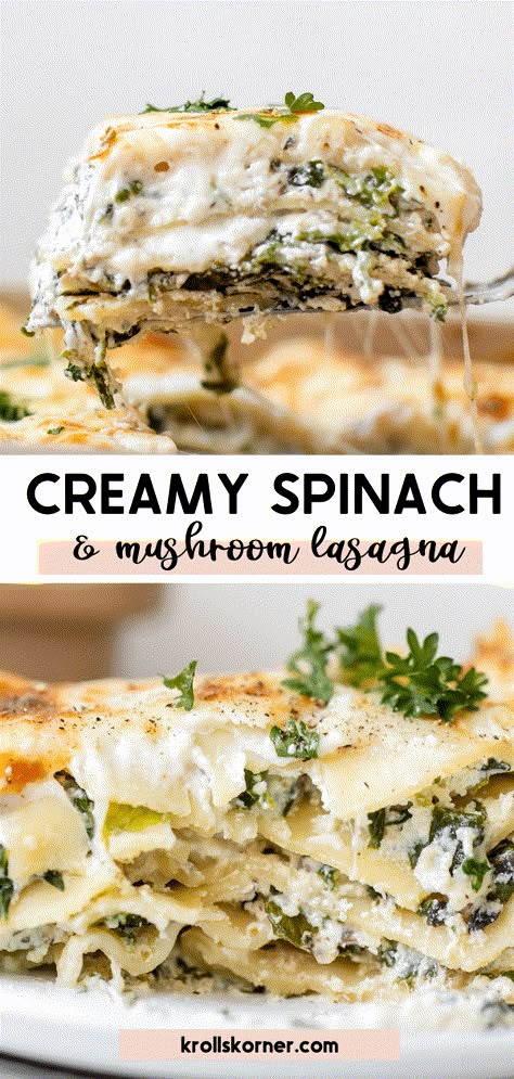 This Creamy Spinach and Mushroom Lasagna has layers of sautéed spinach and mushrooms mixed together with a ricotta cheese mixture and a drool-worthy white sauce. It’s all layered with lasagna noodles, covered in mozzarella cheese and baked until you have a hearty, rich, gooey lasagna! #whitelasagna #spinachlasagna #spinachandmushrooms #lasagnarecipes #homemadelasagna #krollskorner Spinach Alfredo Lasagna Recipe, Creamy Veggie Lasagna Recipe, Garlic Mushroom Lasagna, Veggie Lasagna Rolls, Alfredo Lasagna Vegetarian, Creamy Spinach Lasagna, Spinach Cottage Cheese Lasagna, White Mushroom Lasagna Recipe, Homemade Veggie Lasagna