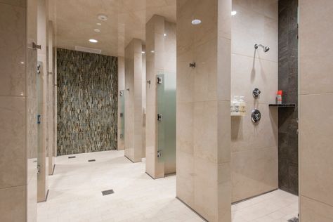 Locker Room Shower Design, Locker Room Bathroom, Locker Room Shower, Equinox Fitness, Studio Bathroom, Gym Showers, School Building Design, Lifetime Fitness, Open Showers