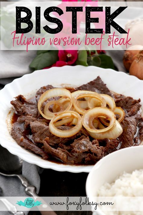 Bistek or Bistek Tagalog is a Filipino version beef steak marinated in soy sauce and kalamansi juice. Try this savory and flavor-rich dish now. Filipino Beef Steak Recipes, Filipino Bistek, Cassava Suman, Pilipino Food Recipe, Bistek Recipe, Bistek Tagalog, Phillipino Food, Steak Marinated, Easy Filipino Recipes