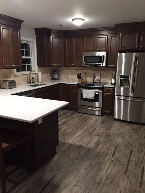 Kitchen remodel ideas Dark Brown Flooring Kitchen, Brown Flooring Kitchen, Kitchen Ideas With Dark Wood Floors, Kitchen Ideas Dark Wood, Dark Brown Flooring, Expresso Kitchen, House Remodeling Ideas, Dark Wood Kitchen, Brown Flooring