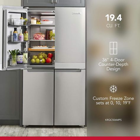 KitchenAid Counter-depth 19.4-cu ft 4-Door French Door Refrigerator with Ice Maker (Print Resist Metallic Steel) ENERGY STAR Lowes.com Counter Deep Refrigerator, Kitchen Refrigerator Ideas, Kitchenaid Fridge, Basement Refrigerator, Counter Depth Fridge, Refrigerator Ideas, 4 Door Refrigerator, Refrigerator With Ice Maker, Refrigerator Cabinet