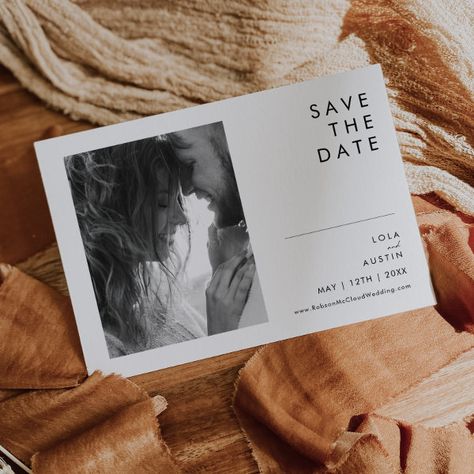 Modern Minimalist Black And White Photo Horizontal Save The Date Minimalistic Wedding Invitations, Classy Boho Wedding, Wedding Typography, Contemporary Typography, Black Color Palette, Modern Save The Dates, Modern Monogram, Minimalist Black And White, Photo Save The Date