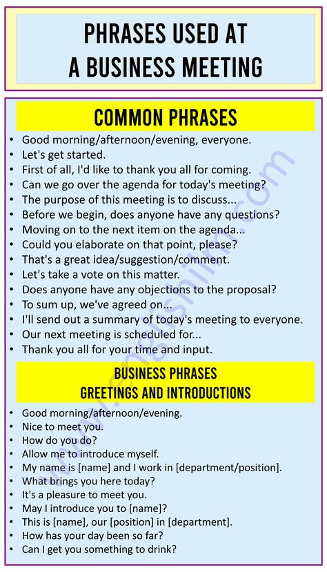 Phrases Used At a Business Meeting in English | Business Phrases Business Meeting Phrases, Bussines English Words, Business Idioms And Phrases, Corporate English Words, Phrases To Use At Work, Office English Conversation, Business English Phrases, Business English Conversation, Corporate Vocabulary