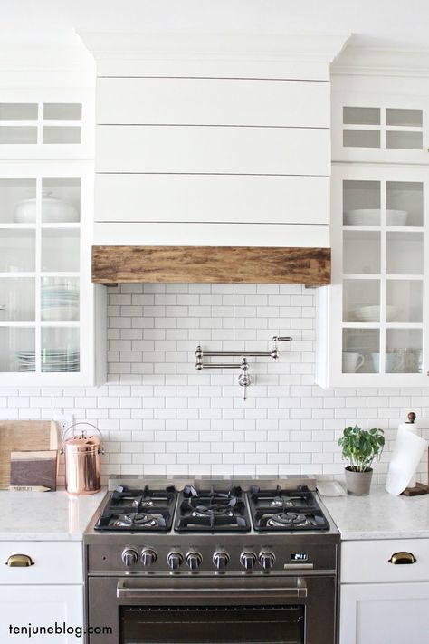 25 Kitchen Range Hood Ideas You'll Love Shiplap Kitchen, Hood Vents, Kitchen Hood Design, Farmhouse Kitchen Backsplash, Kitchen Vent Hood, Hood Ideas, Kitchen Vent, Hood Vent, Kitchen Hood