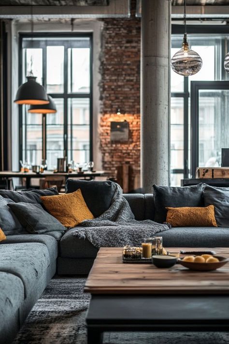 Transform your living room with an industrial chic vibe by incorporating exposed brick walls, metal accents, and reclaimed wood furniture. Add a leather sofa and oversized lighting fixtures like Edison bulbs or metal chandeliers to complete the urban, edgy look. 🛋️🛠️ Bright Industrial Living Room, Brick Wall Interior Living Room, Exposed Brick Living Room, Exposed Brick Accent Wall, Oversized Lighting, Industrial Chic Living Room, Brick Wall Living Room, Brick Fireplace Wall, Modern Industrial Living Room