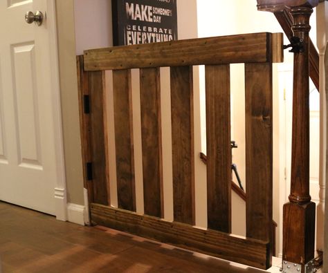 My son has just recently started to crawl. We have a split level entry home and he has started to find interest in the stairs. This means it was time to put up a... Diy Farmhouse Gate For Stairs, Diy Wooden Gate For Stairs, Rustic Baby Gates For Stairs, Built In Baby Gate For Stairs, Barn Door Stair Gate, Indoor Gates, Wood Baby Gate, Toddler Gate, Wooden Baby Gates