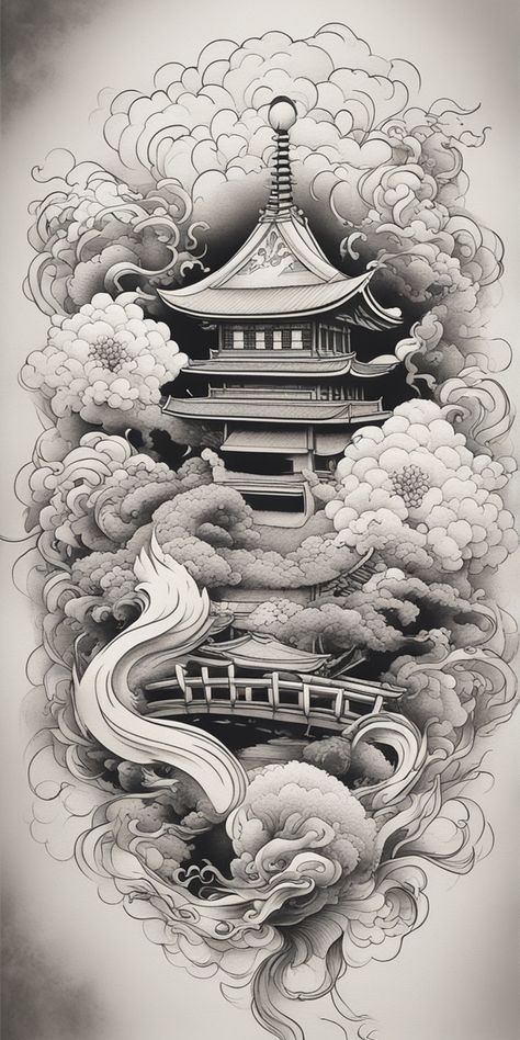 This is a striking black and white image of a Japanese-style tattoo, composed in a detailed Blackwork style. The image features intricate designs and patterns set against a blank canvas, thus emphasizing the contrast. Blackwork Japanese Tattoo, Koi Fish Drawing Tattoo, Japanese Temple Tattoo, Japanese Style Tattoo, Tattoos Sketches, Temple Tattoo, Tattoo Japanese Style, Chinese Symbol Tattoos, Garden Tattoos