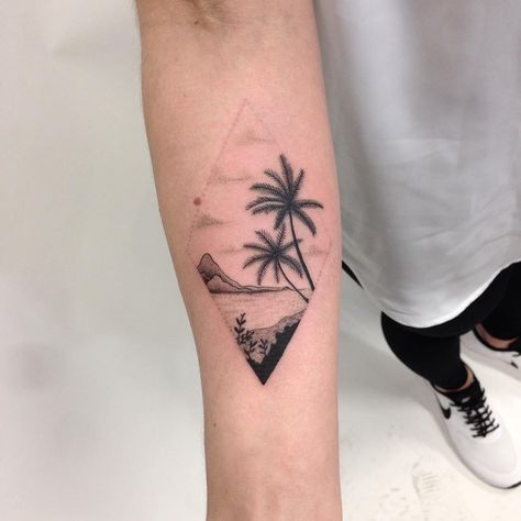 Tropical island scenery rhombus-shaped tattoo on the right forearm Tropical Tattoo Ideas, Small Tropical Tattoo, Tropical Tattoo, Island Tattoo, Sunset Tattoos, Palm Tattoos, Tree Tattoo Designs, Palm Tree Tattoo, Beach Tattoo