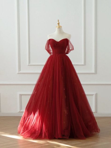 Red Poofy Prom Dresses, Red Prom Dress Princess, Christmas Prom Dress, Red Prom Dress Ballgown, Filipino Debut Dress, Wine Red Dress Long, Red Gown Aesthetic, Formal Dress Off The Shoulder, Book Dresses