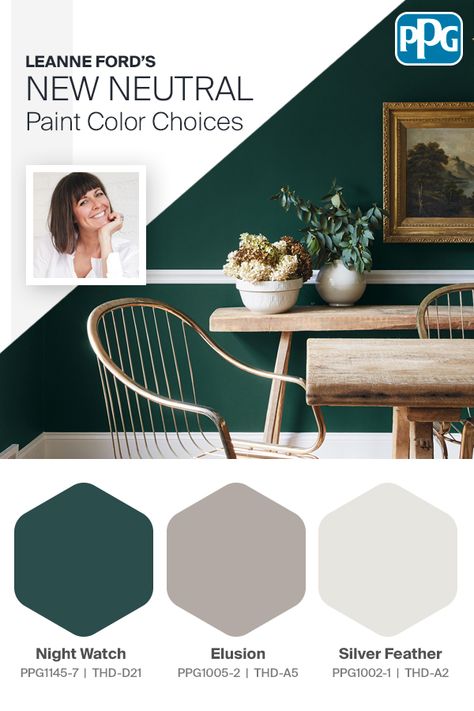 Leanne Ford has created gorgeous paint color palettes showing her favorite interior paint colors from PPG, many of which are used on Leanne Ford's Home Improvement Show airing weekly on television.   #paintcolors #color #leanneford #interiordesign #homeimprovement #neutrals #neutralcolors  https://www.ppgpaints.com/DIY/Leanne-Ford/Home-Improvement-Show Ppg Neutral Paint Colors, Ppg Gray Heron, Ppg Green Paint Colors, Ppg Color Palettes, Ppg Night Watch, Royal Hunter Green Paint Ppg, Behr Paint Colors Grey, Ppg Paint Colors, Coordinating Paint Colors