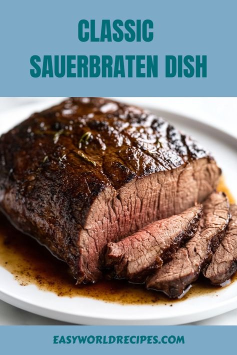 Indulge in the flavors of Germany with a hearty dish of Sauerbraten. This classic German pot roast is marinated to perfection, boasting a unique tanginess complemented by a delectable sweet-savory gravy. Bring the wholesome taste of traditional German cuisine straight to your dining table and transport your senses across the globe with this comforting meal option. Traditional German Food Dinners, German Main Dishes Dinners, Foreign Recipes Dinners, German Christmas Dishes, German Meat Recipes, German Beef Recipes, German Dinners Traditional, Sauerbraten Recipe Germany, German Foods Authentic