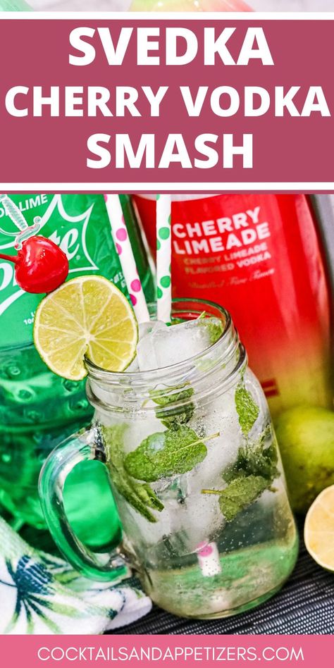 Svedka Cherry Vodka Smash is an easy to make summer cocktail. Simple ingredients make for a refreshing alcoholic drink great for happy hour, game day and parties. Sprite Vodka Drinks, Cherry Limeade Vodka, Vodka Smash, Limeade Drinks, Alcohol Mixers, Vodka Mixed Drinks, Vodka Cocktails Easy, Whipped Vodka, Cherry Vodka