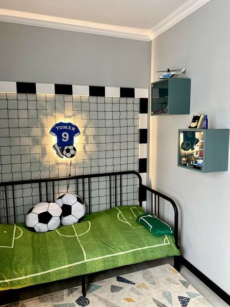 #homedecor #roomdecor #roominspo #roomidea Soccer Kids Room, Football Theme Bedroom, Boys Soccer Bedroom, Boys Football Bedroom, Ikea Boys Bedroom, Soccer Themed Bedroom, Soccer Bedroom, Stylish Bedroom Ideas, Art Decor Ideas