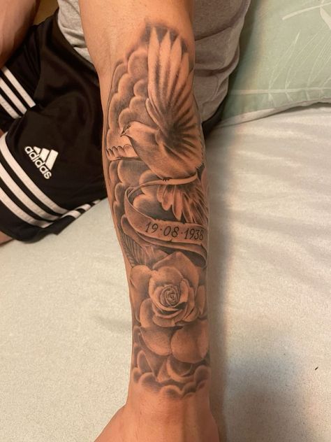 Dove In Clouds Tattoos, Nurse Sleeve Tattoo, 65 Roses Tattoo, Outer Forearm Tattoo Men Stencil, Heaven Forearm Tattoo, Rose Tattoo Family, Dove Arm Tattoo, Dove Clouds Tattoo, Tattoo Ideas For Men Meaningful Family