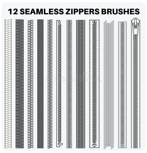 Seamless zippers with puller flat sketch vector illustrator Brush set, different types of Zip for fasteners, dresses garments,. Illustration about sketch, pulls, puller - 216022358 Zipper Illustration, Fashion Portfolio Layout, Illustrator Brushes, Flat Sketches, Portfolio Layout, Different Types, Fashion Portfolio, Brush Set, Stock Vector