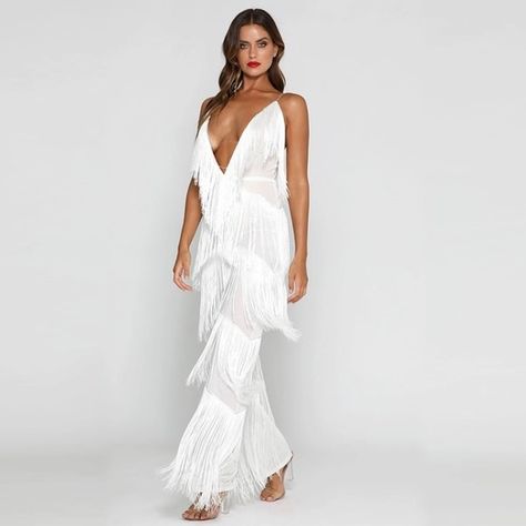 Haus of Layers Pants & Jumpsuits | Host Pick New White Fringe Jumpsuit | Poshmark Plus Size White Jumpsuit, Fringe Jumpsuit, Jumpsuit Long, Fringe Fashion, Sheer Bodysuit, White Fringe, Midi Dress Style, Deep Plunge, Red Dress Maxi