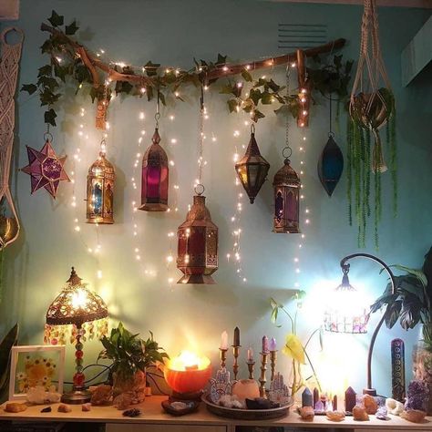 Minimalist Boho Farmhouse Decor, Fun Small Room Ideas, Altar Space In Bedroom, Funky Home Decor Bohemian, Whimsigoth Decor Bedroom, Witchy Decor Aesthetic, Whimsical Living Room Decor, Witchy Room Ideas, Cosmic Decor