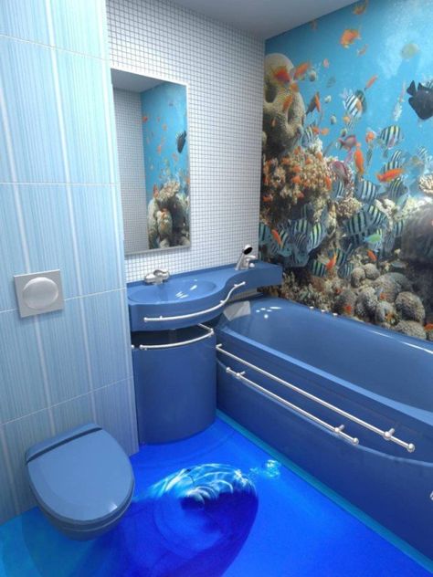 Aquarium bathroom painted floor & wall instead of tile. Blue Bathtub, Blue Bathroom Interior, Epoxy Floor 3d, Ocean Themed Bathroom, Fish Bathroom, Living Space Decor, Themed Bathroom, Blue Bathroom, Painted Floors