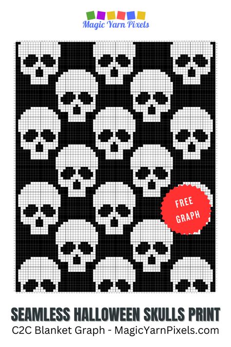 Don't miss my latest C2C crochet pattern for a Skulls blanket. It fits right in with the tastes of goths and fans of horror themes. Download the free crochet graph from Magic Yarn Pixels. Written C2C and row-by-row patterns with multi-page graphs also available. Skull Blanket Knitting Pattern, Knit Skull Pattern, Crochet Graphs Free Charts, Crochet Graph Patterns Aesthetic, Skull Crochet Blanket, Pixel Crochet Pattern Free, Crochet Skull Blanket, C2c Crochet Blanket Pattern Free, Crochet Graph Patterns Easy