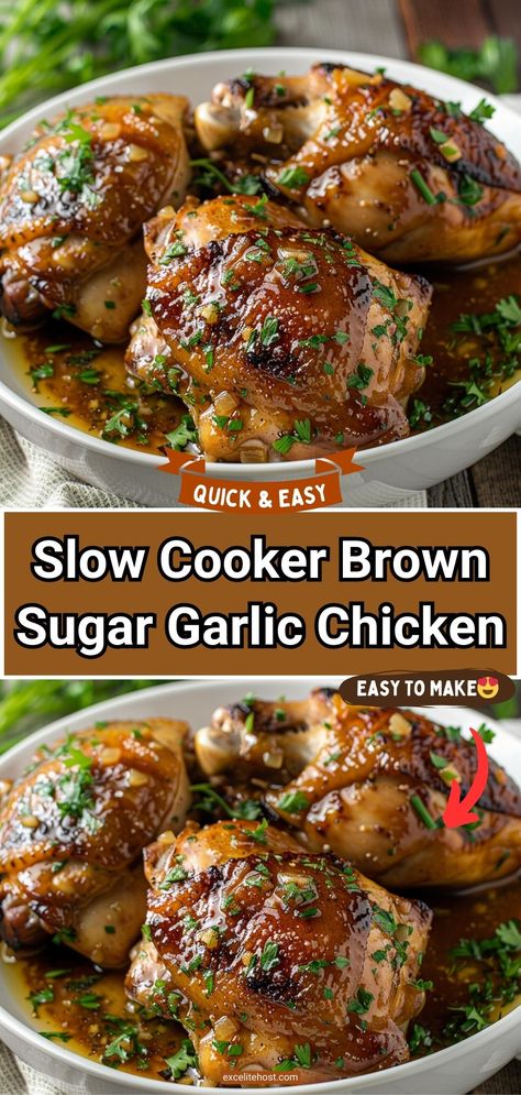 Ingredients:6 boneless, skinless chicken thighs1/2 cup brown sugar1/4 cup garlic, minced1/3 cup soy sauce1/4 cup water2 tablespoons apple cider vinegar1 Garlic Chicken Slow Cooker, Brown Sugar Garlic Chicken, Crockpot Chicken Thighs, Chicken Cooker, Garlic Chicken Recipe, Slow Cooker Chicken Thighs, Chicken Recipes Boneless, Brown Chicken, Garlic Chicken Recipes