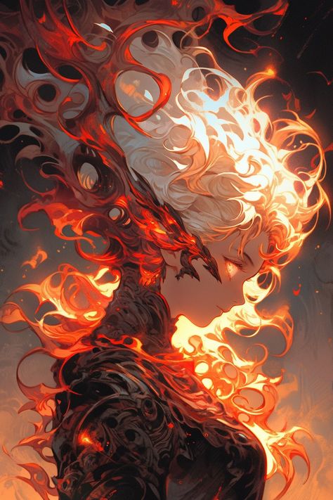 Fire Themed Character Design, Fire Woman Art, Woman On Fire Art, Fire Goddess Anime, Fire Deity Concept Art, Fire Goddess, Dungeons And Dragons Art, Animation Art Sketches, Digital Portrait Art