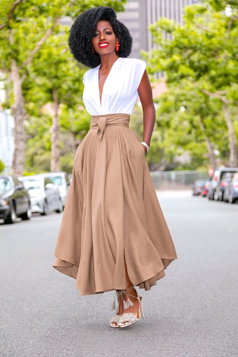 Draped Bodysuit + High Waist Belted Midi Skirt High Waisted Skirt Outfit, Midi Skirts Style, Belted Midi Skirt, Classy Skirts, Style Pantry, Long Skirt Outfits, Rock Outfit, Casual Chic Style, Ladies Dress Design