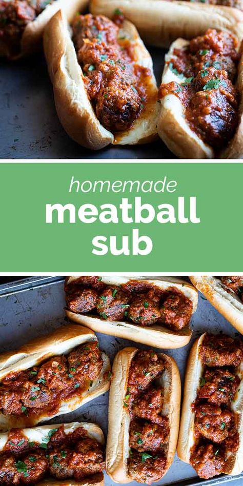 This Meatball Sub recipe has homemade beef and pork meatballs that are cooked in marinara sauce and served on toasted buns with cheese. A delicious homemade dinner the whole family loves! #recipe #meatballsub #meatballsandwich #dinner #familyfriendly Homemade Meatball Subs, Homemade Meatballs Easy, Beef And Pork Meatballs, Meatball Sub Recipe, Homemade Meatballs Recipe, Meatball Sub, Meatball Sandwich, Pork Meatballs, Meatball Subs