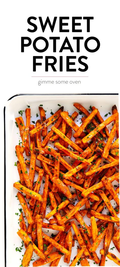 The BEST Sweet Potato Fries Recipe! | Gimme Some Oven: This Baked Sweet Potato Fries recipe is ultra-crispy, easy to make, perfectly seasoned, and guaranteed to disappear pretty much...immediately. :) Oven Roasted Sweet Potato Fries, Best Baked Sweet Potato, Fries Healthy, Sweet Potato Fries Recipe, Oven Roasted Sweet Potatoes, Baked Sweet Potato Fries, Sweet Potato Recipes Fries, Sweet Potato Fries Baked, Gimme Some Oven