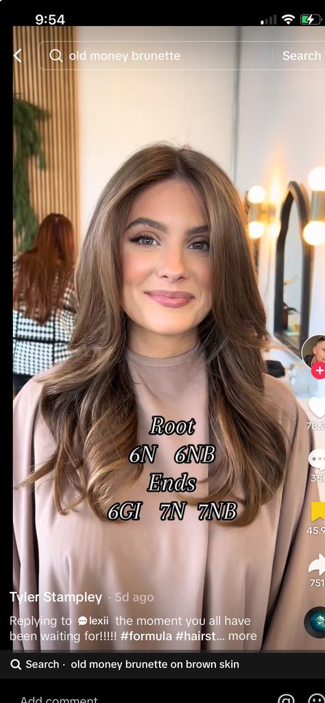 Base 7 Hair Colour, Light Brown Redken Formula, Subtle Brunette Dimension, Old Money Brown Hair Color, Hair Color Correction Before And After, Blonde To Brunette Formula, Old Money Brunette Hair Formula, Old Money Light Brown Hair, Old Money Brunette Hair Highlights