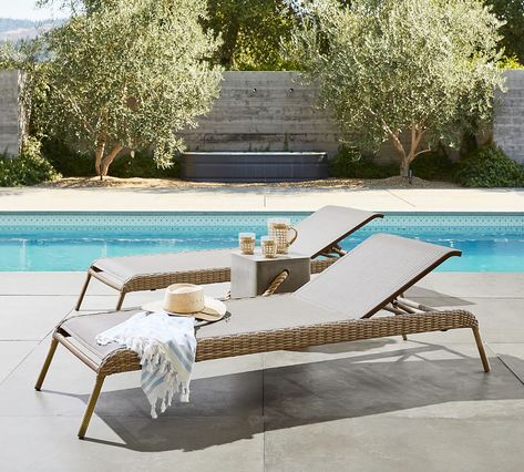 Torrey All-Weather Wicker Stackable Patio Chaise + Coastal Concrete & Rope Square Side Table Lo | Pottery Barn Natural Pottery, Teak Chaise Lounge, Double Chaise Lounge, Pool Lounge Chairs, Wicker Chaise Lounge, Wicker Coffee Table, Pool Lounger, House Outdoor, Relaxing Places