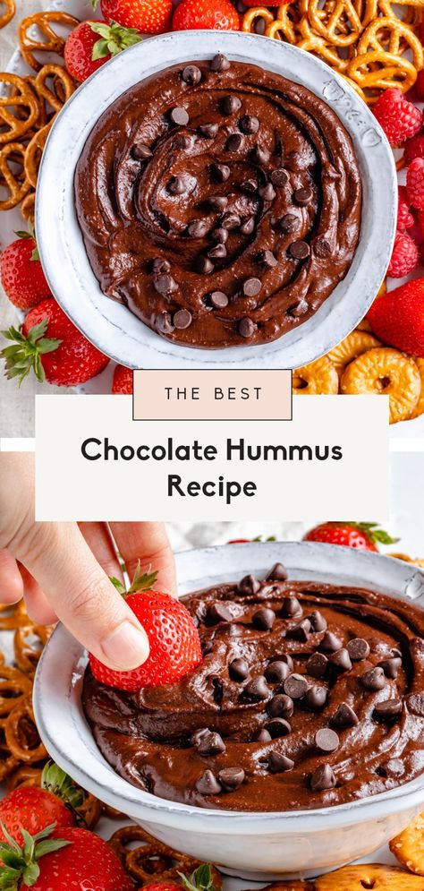 The best chocolate hummus recipe made with simple ingredients for the perfect, easy dessert! This vegan chocolate hummus recipe comes together in just 5 minutes and is delicious with berries, crackers, pretzels and more. #hummus #chocolate #healthydessert #vegandessert Hummus Chocolate, Cinnamon Treats, Chocolate Hummus, Hummus Recipe Homemade, Dessert Hummus, High Protein Desserts, Easy Vegan Dessert, Dairy Free Chocolate Chips, Ambitious Kitchen