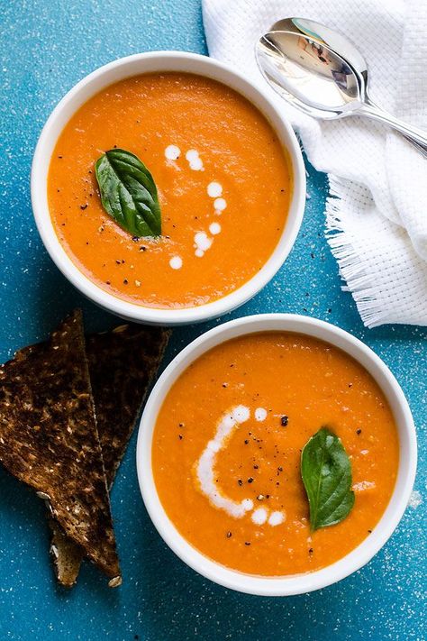 Creamy Sun Dried Tomato Soup - vegan tomato soup recipe with coconut milk. This dairy free healthy cream of tomato soup takes only 15 minutes. | ifoodreal.com #ConquerTheExpected #ad Sun Dried Tomato Soup, Vegan Tomato Soup Recipe, Blender Soups, Recipe With Coconut Milk, Vegan Tomato Soup, Cream Of Tomato Soup, Tomato Soup Recipe, Creamy Tomato Soup, Vegan Recipes Videos