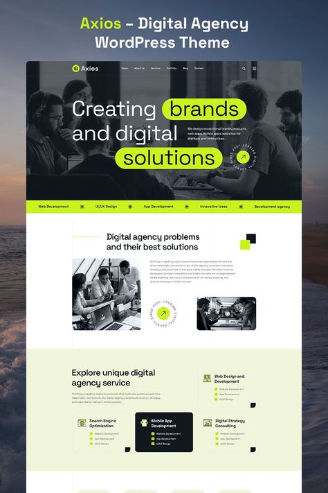 Axios – Digital Agency WordPress Theme#webdesignpatterns #templateportfolio #webexamples #designshowcases Business Website Layout, Marketing Agency Website, Agency Website Design, Free Web Design, Portfolio Website Template, Website Design Wordpress, Agency Website, Wordpress Design, Digital Agency