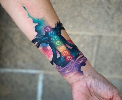 Chakra Art Tattoo, Unique Chakra Tattoos, Chakra Hand Tattoo, Chakra Tattoo Forearm, Colorful Spiritual Tattoos, Chakra Tattoo Color, 7 Chakras Tattoo Design, Chakra Forearm Tattoo, Chakra Tattoo Ideas Spirituality