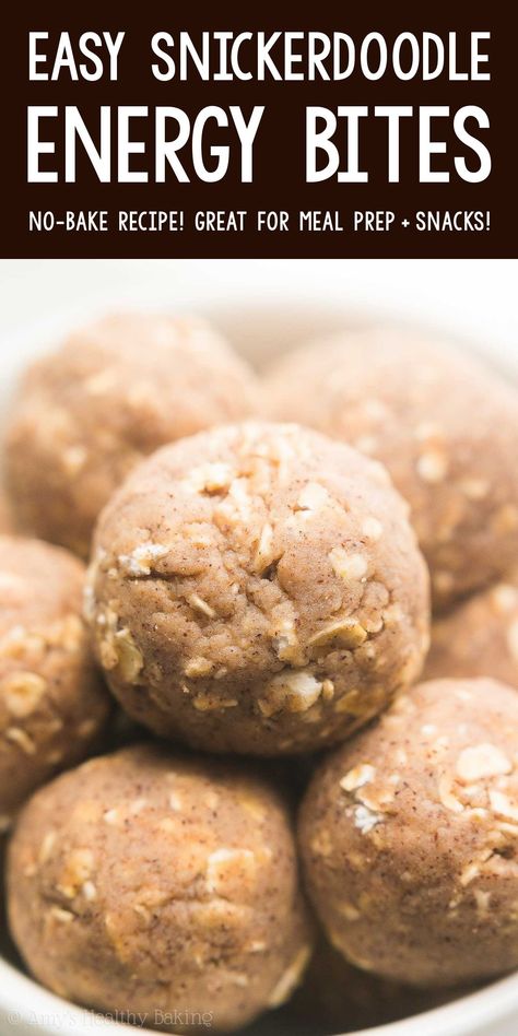 This easy recipe for healthy no bake snickerdoodle energy bites is AMAZING! Just 6 ingredients & ready in 20 minutes! These nut-free oatmeal energy balls are naturally gluten free, vegan, low calorie, and PACKED with protein. Perfect for meal prepping breakfasts & snacks! Oatmeal Energy Balls, Protein Energy Bites, Oatmeal Energy Bites, Protein Balls Healthy, Energy Bites Healthy, Oatmeal Bites, No Bake Energy, Energy Balls Healthy, Low Calorie Protein