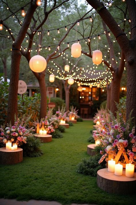 Outdoor garden path with string lights and floral arrangements. Unleash your inner Tinker Bell and sprinkle a little enchantment on your big day with whimsical fairy wedding decor ideas that’ll make your heart flutter and your guests believe in magic. Enchanted Forest Picnic Party, Outdoor Wedding With Canopy, Small Outdoor Wedding Decor, Garden Simple Wedding, A Night In The Garden Theme, Backyard Theme Wedding, Fairy Tale Garden Aesthetic, Wedding Decoration Garden, Outdoor Small Wedding Reception