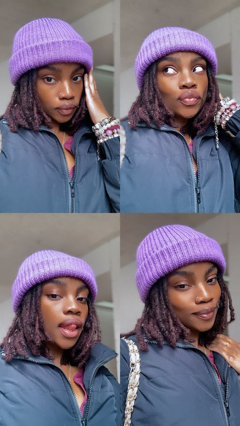 Hats On Locs, Hat Over Locs, Locs With Beanie, Hat With Locs, Locs With Hats, Locs And Hats, Earthy Locs, Purple Locs Black Women, Locs Inspiration