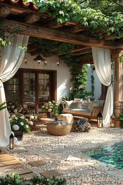 Italian Cottage Garden, Extending Patio Ideas, House Garden Ideas Outdoors, Back Porch Extension Ideas, European Style Backyard, Covered Backyard Patio Ideas, European Inspired Backyard, European Patio Ideas, Porch Ideas Backyard