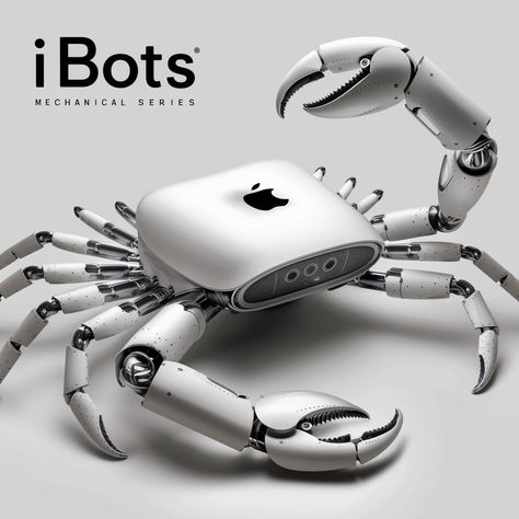 mechanical creation named “ibots” that takes inspiration from a crab’s form. The main body of the robot is crafted from the casing of an Apple product, as evidenced by the visible Apple logo. This detail suggests a repurposing of familiar technology into a new, imaginative form. All. the parts are glossy white. Transformers Jazz, The Robot, Smart Gadget, Apple Logo, Futuristic Design, Litter Box, Apple Products, Glossy White, Big Boys