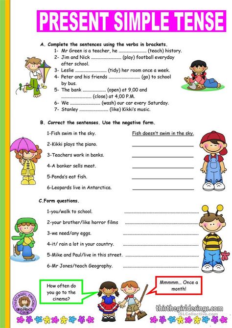 Present Simple Worksheet, Simple Present Tense Worksheets, Present Simple Tense, Tenses Exercises, Simple Present Tense, Grammar For Kids, English Teaching Materials, Simple Present, Grammar Exercises